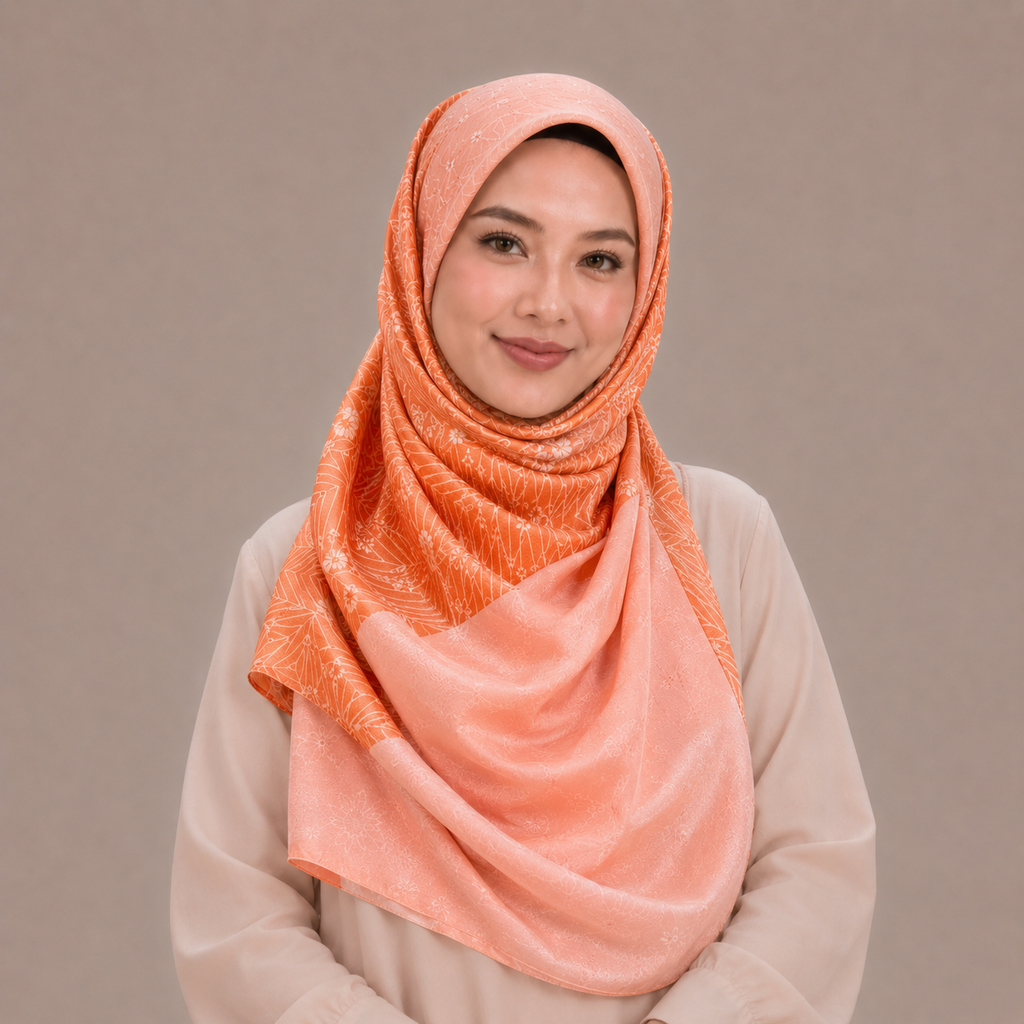 Orange Geometric Floral Silk Kimono x Hijab
