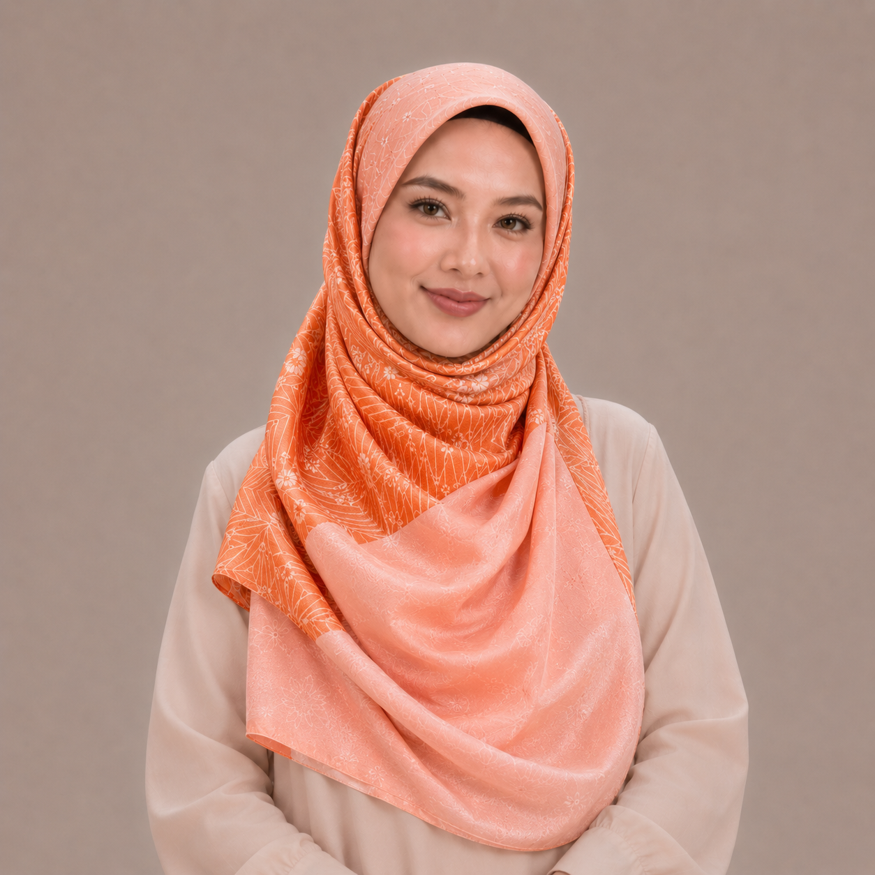 Orange Geometric Floral Silk Kimono x Hijab