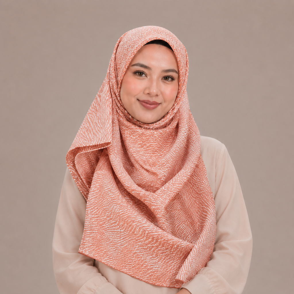 Peach Geometric Waves Silk Kimono x Hijab