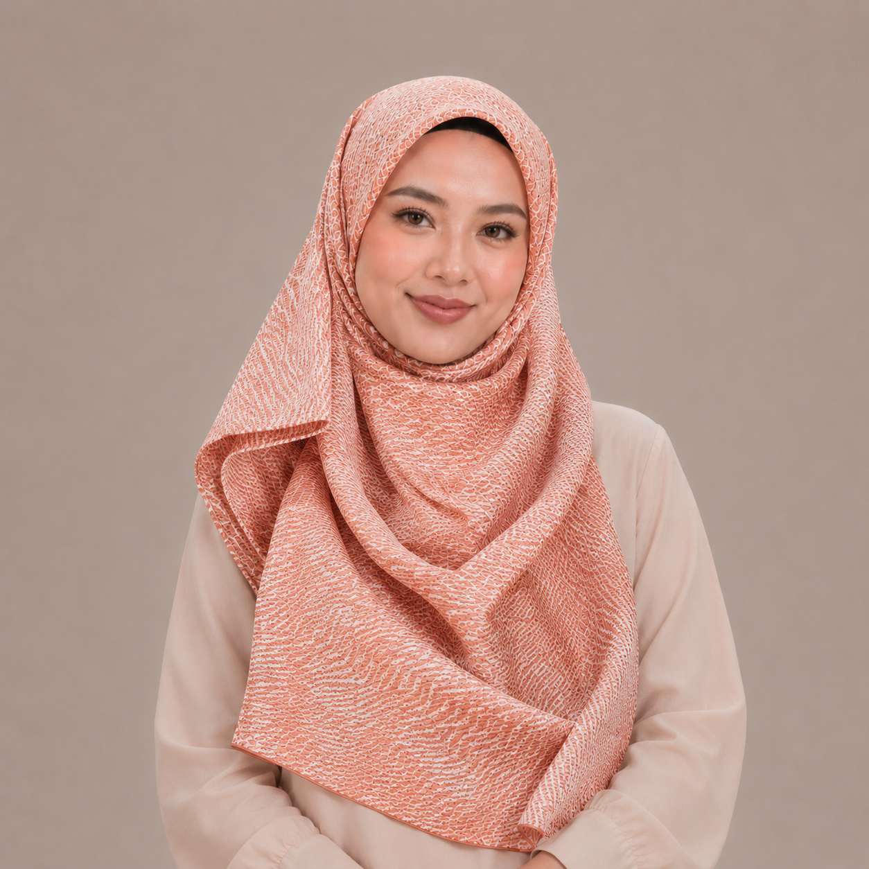 Peach Geometric Waves Silk Kimono x Hijab