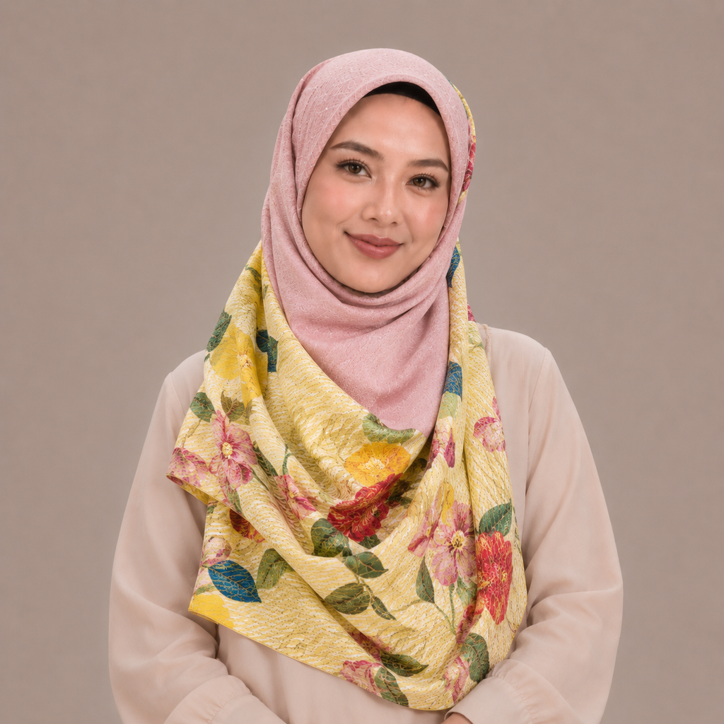 Pink and Yellow Floral Silk Kimono x Hijab