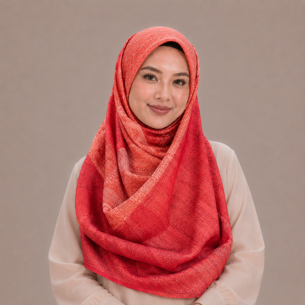 Red Geometric Inspired Silk Kimono x Hijab